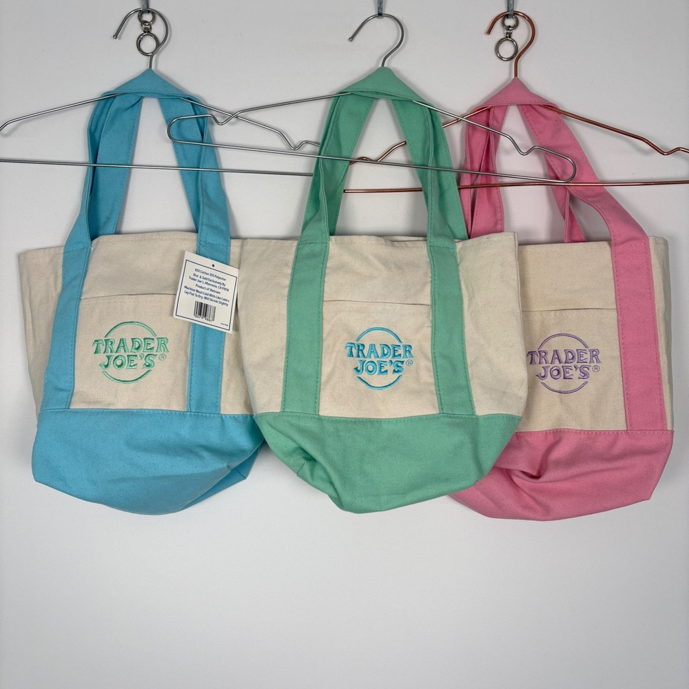 Trader Joes Limited Edition Pastel Canvas Tote Bag Set of 3 Blue Green Pink